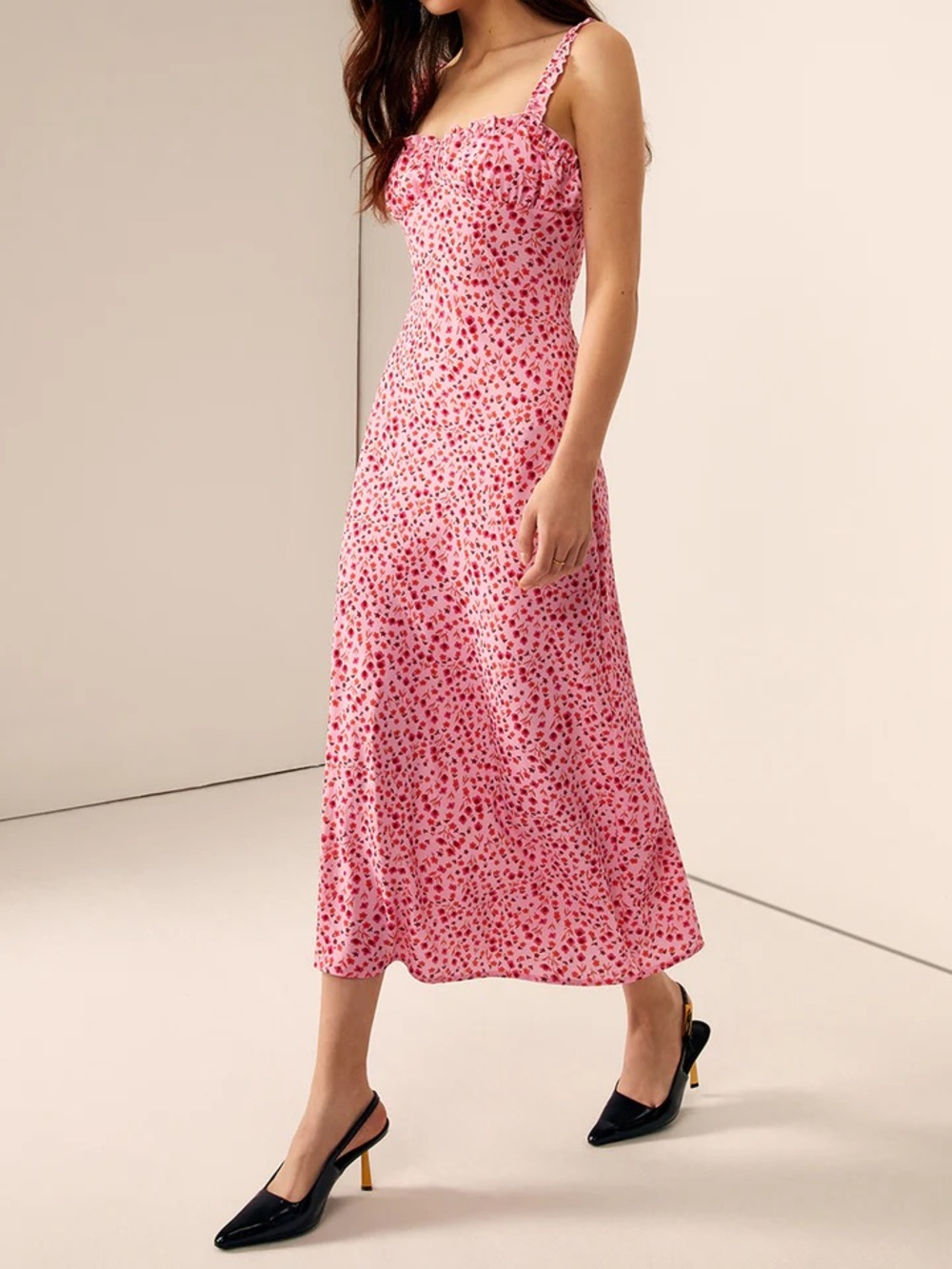 Commense Pink Floral Boho Midi Dress Lettuce Trim Vacation Slip Size M